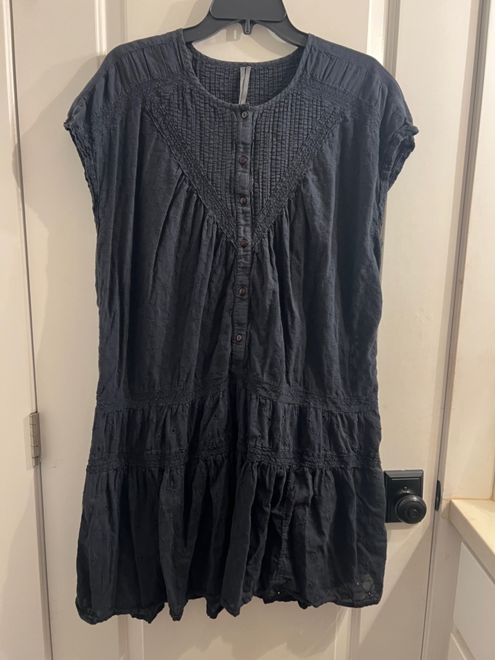 Anthropologie Washed Black Pintuck embroidered eyelet Button-Front Tiered Dress